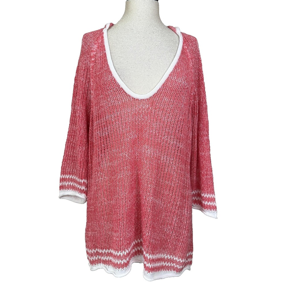 Tommy Bahama Sweater Tunic Womens XL Pink Linen Hooded Open Knit Beachy Coverup